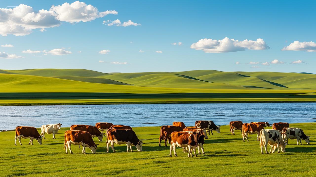 呼伦贝尔草原河边的牛群自然风光风景壁纸旅游