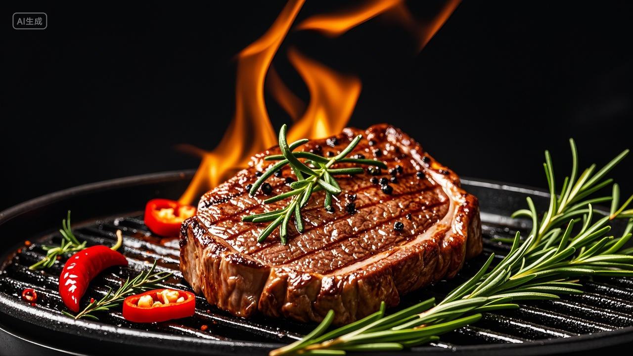 烤架上的牛排烧烤西餐餐饮美食背景