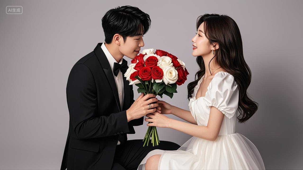 七夕节情侣玫瑰花跪地求婚浪漫情人节爱情