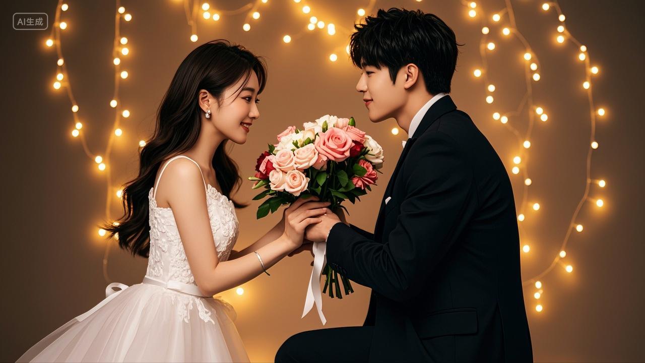 七夕节情侣玫瑰花跪地求婚浪漫情人节爱情