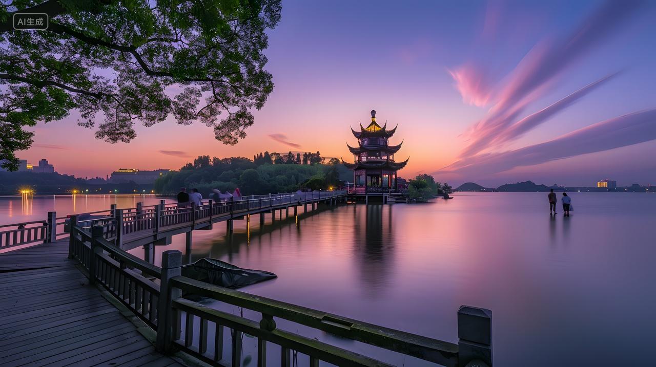 夕阳晚霞城市旅游宣传实拍风杭州西湖旅游景点的图片