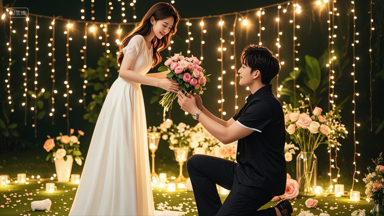 七夕节情侣玫瑰花跪地求婚浪漫情人节爱情