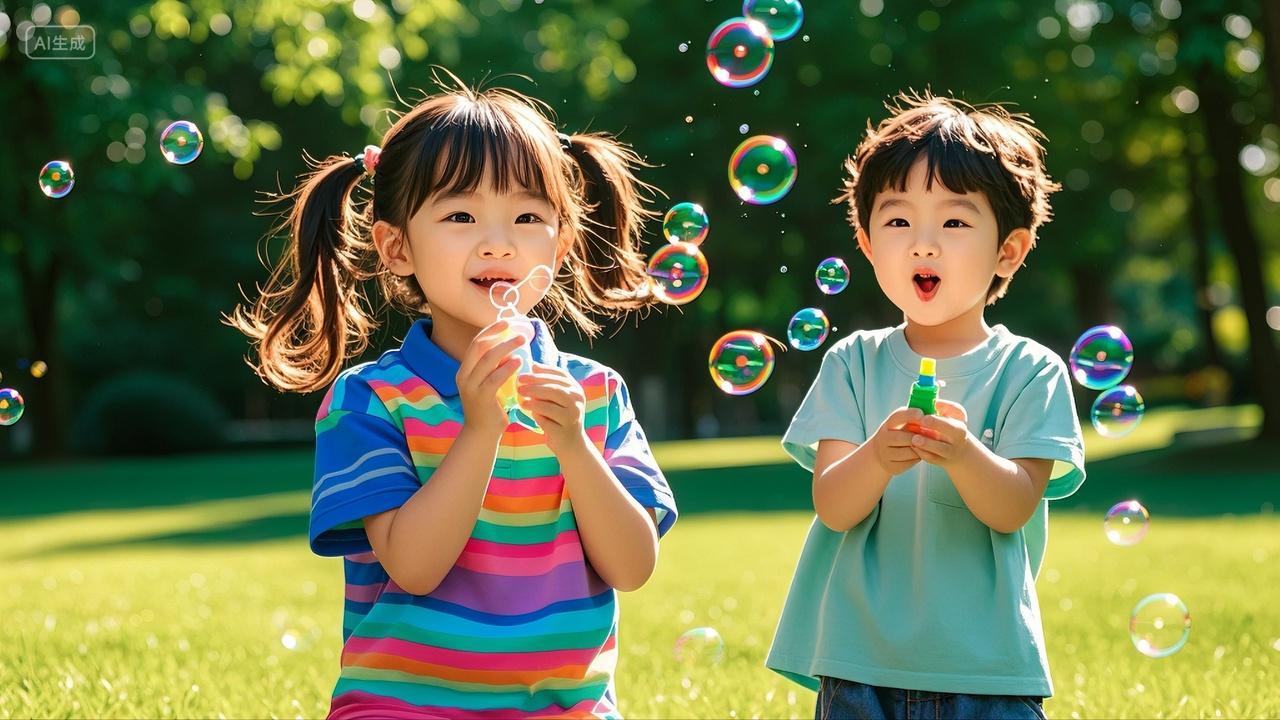 两个小朋友户外草坪吹泡泡玩耍儿童童年记忆