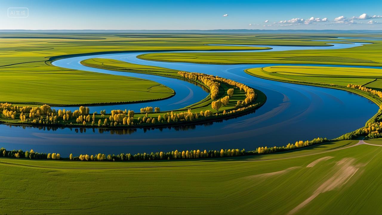 呼伦贝尔草原河道航拍风景壁纸