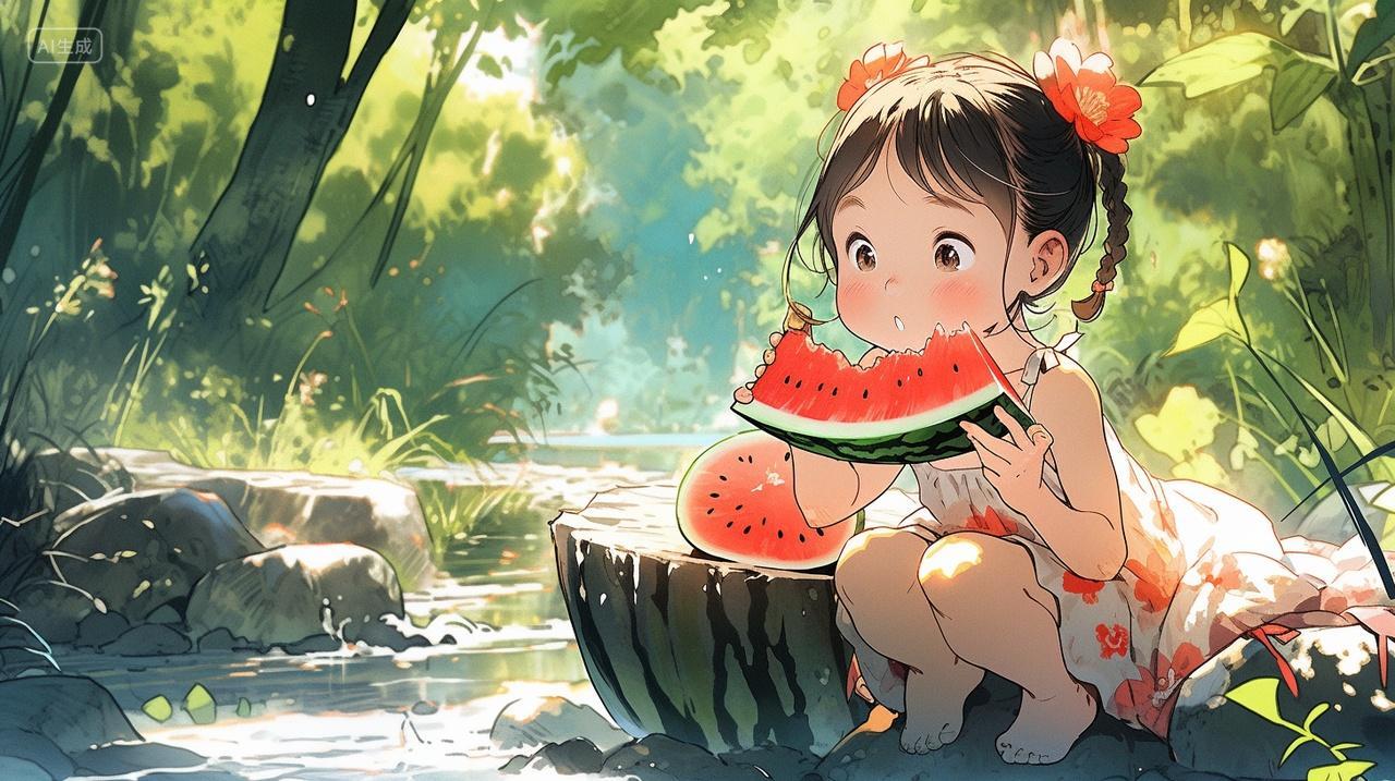 夏季可爱小女孩在树林的小溪旁吃西瓜