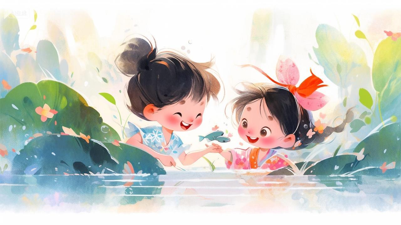 夏天荷花池里两个可爱的小女孩在水里戏水大暑小暑处暑素材插画