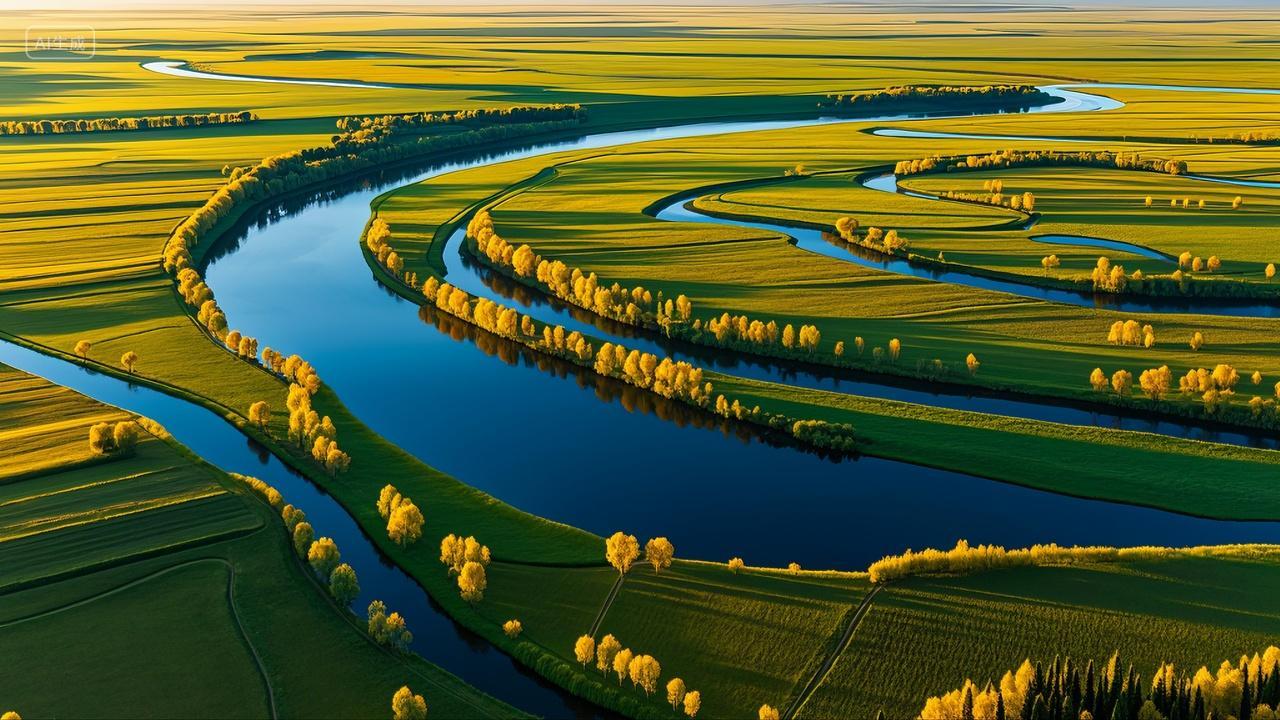 呼伦贝尔草原河道航拍风景壁纸旅游