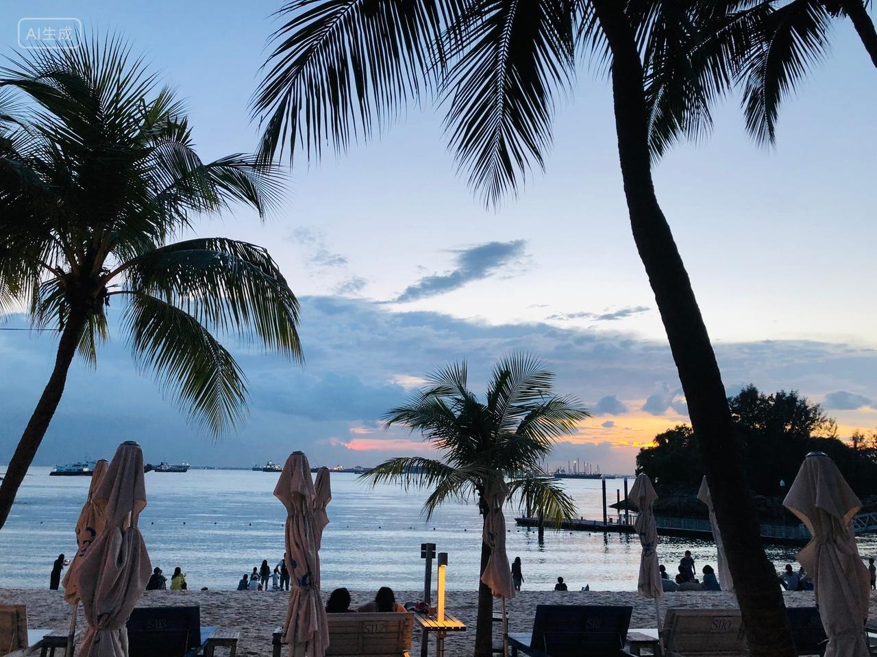 新加坡圣淘沙傍晚的沙滩海边椰子树