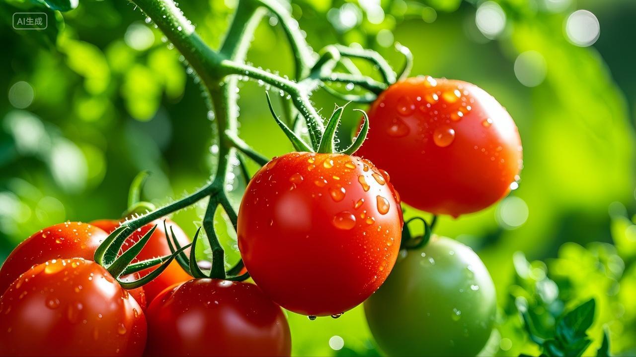 挂在树枝上带水珠的番茄西红柿圣女果新鲜蔬菜绿色蔬菜