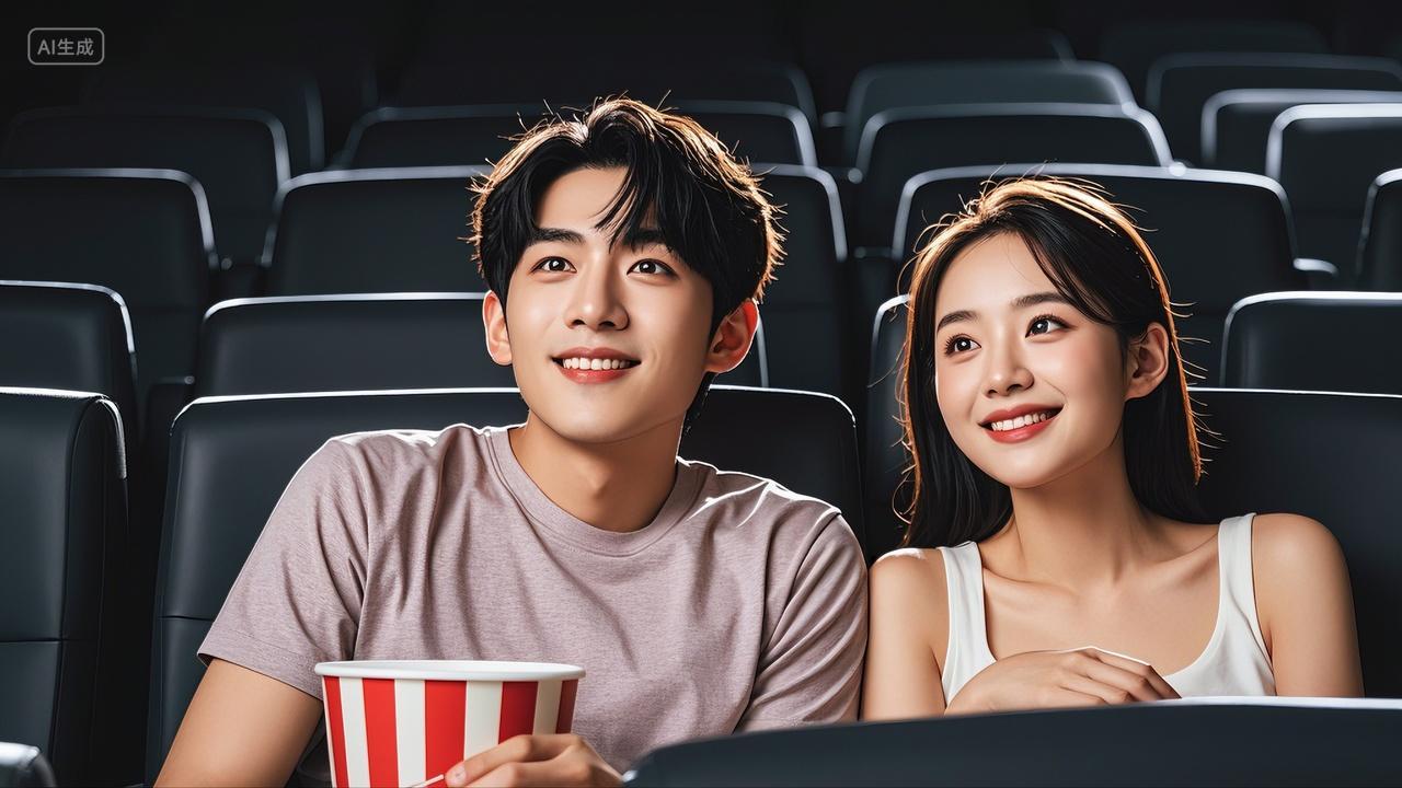 情侣相约电影院看电影七夕情人节520