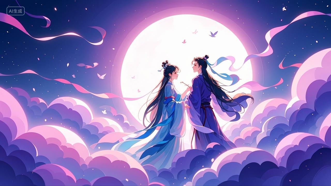 七夕节牛郎织女紫色弥散风情人节背景插画