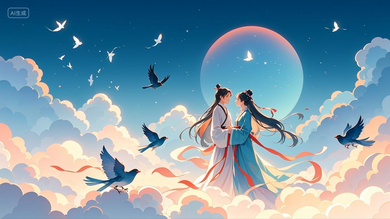 七夕节牛郎织女喜鹊云海鹊桥背景浪漫情人节插画