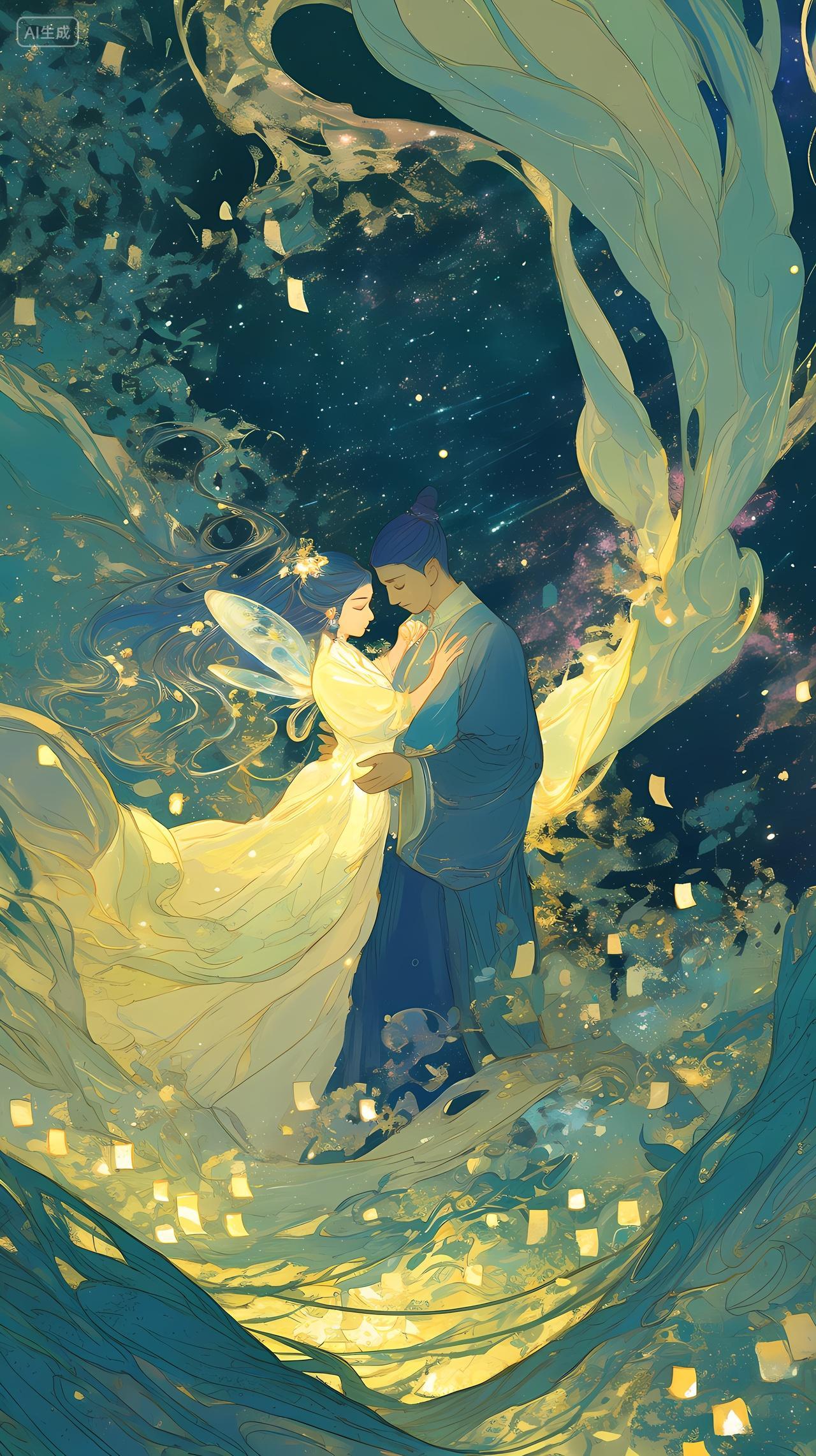 七夕国画国风情侣约会星空壁纸海报