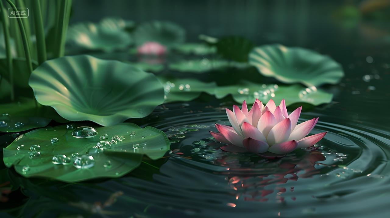 荷花与莲叶静谧湖面壁纸