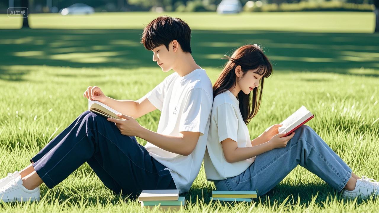 大学生情侣背靠背坐在校园草地上看书学习七夕情人节520