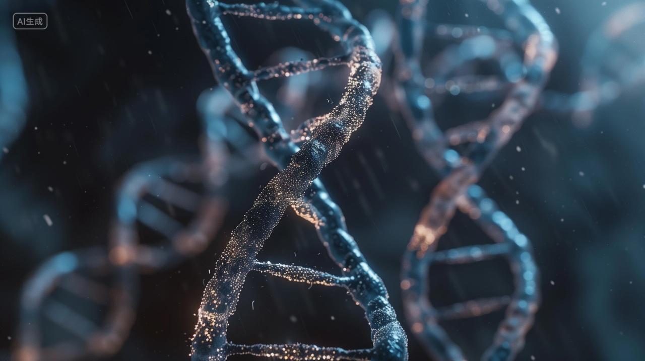 发光的DNA双螺旋结构黑色背景生物科技分子基因科学