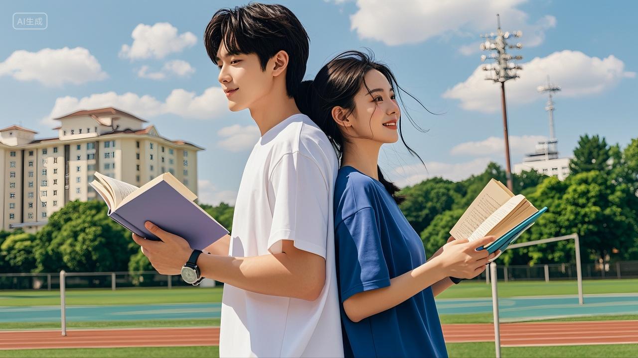 大学生情侣背靠背站在校园操场看书学习七夕情人节520