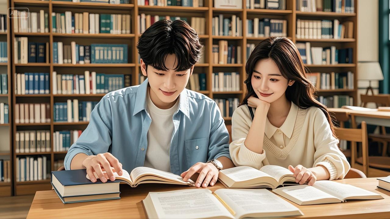 大学生情侣图书馆里看书学习七夕情人节520
