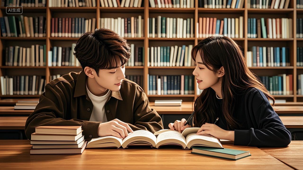 大学生情侣图书馆里看书学习七夕情人节520