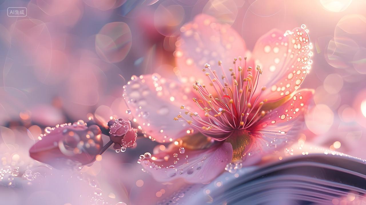 樱花花瓣露珠特写唯美摄影壁纸