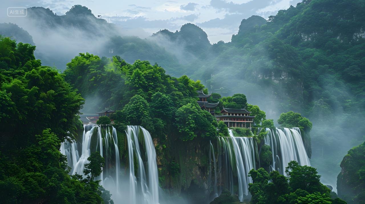 雨中瀑布与绿色山谷景观壁纸