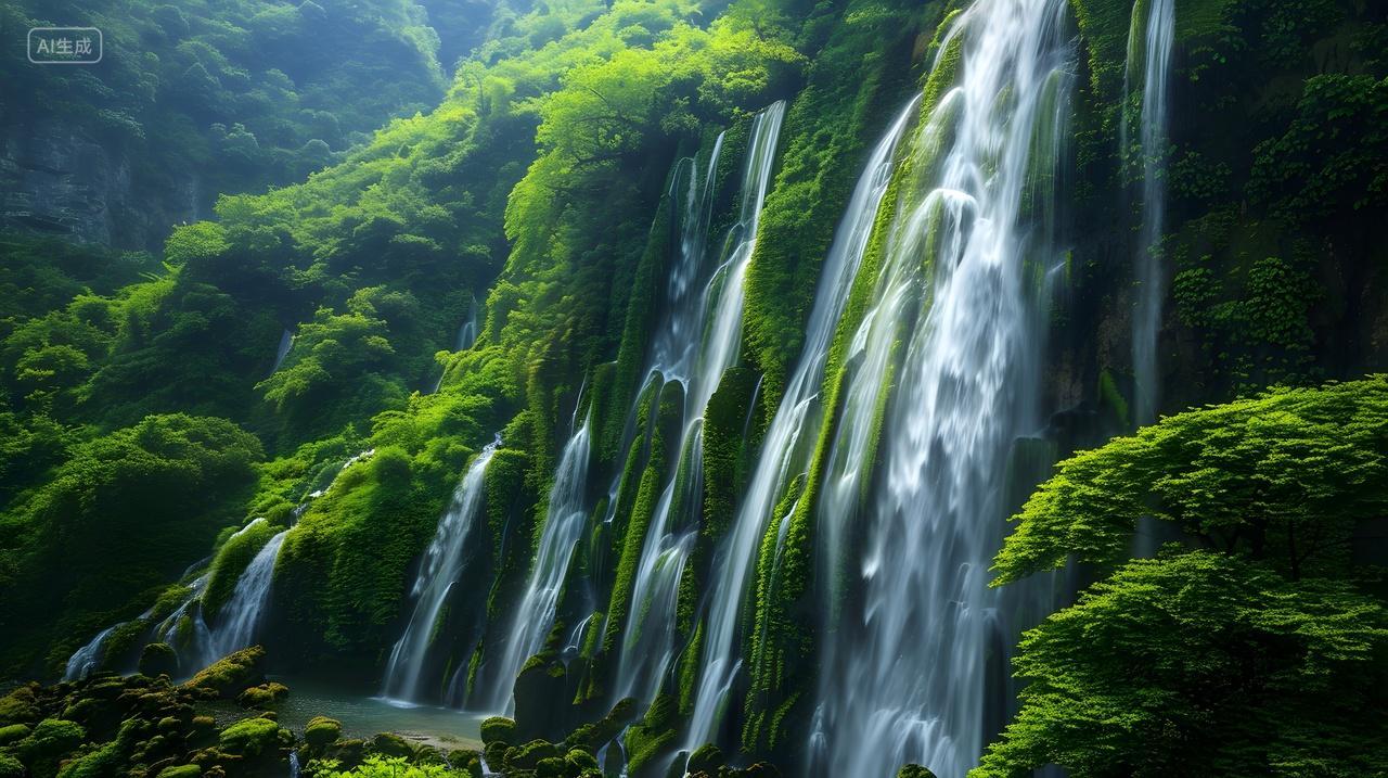 瀑布群山自然风景壁纸