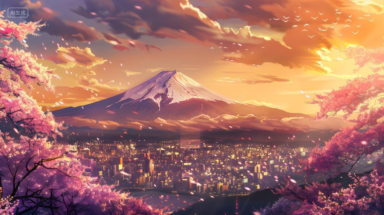 富士山樱花日落美景日本旅游风景壁纸
