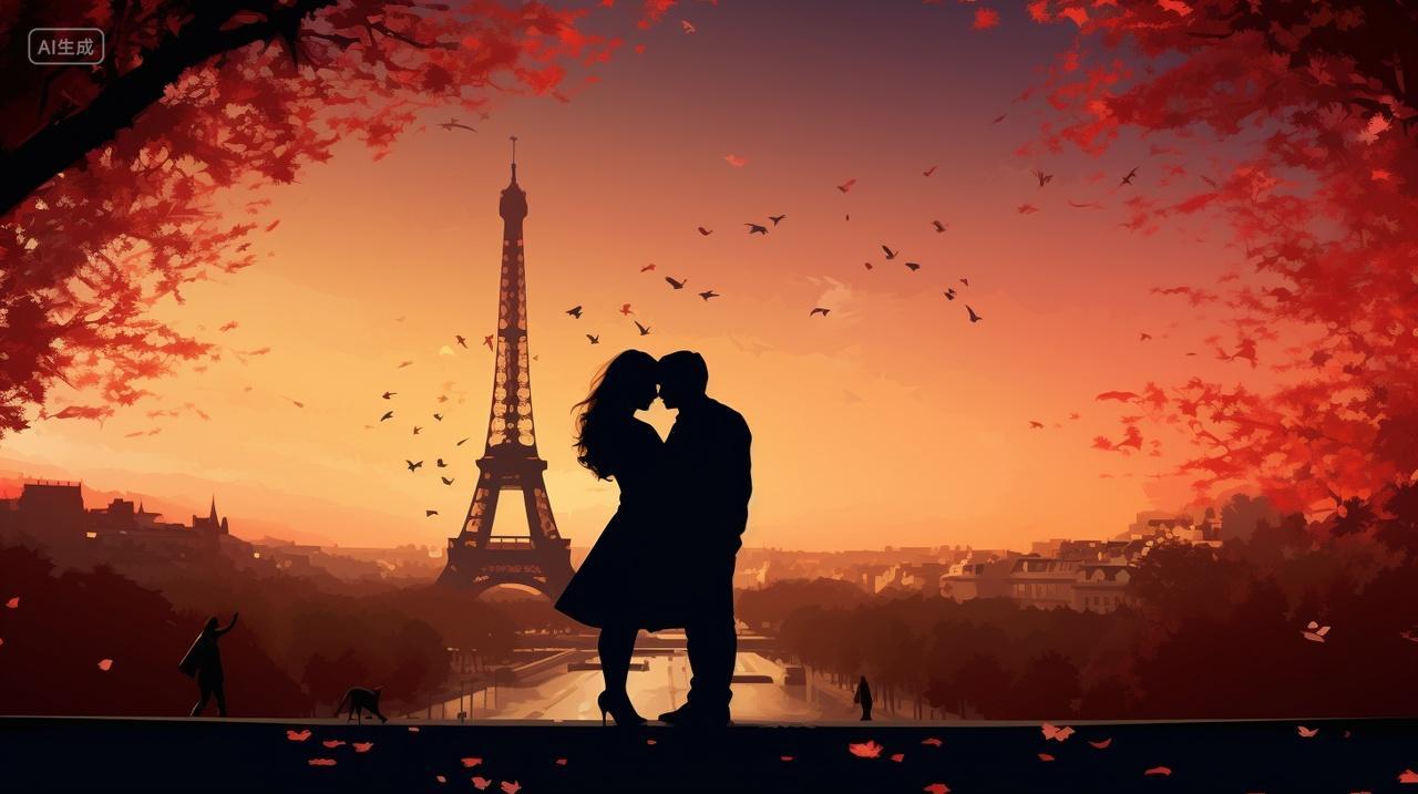 巴黎埃菲尔铁塔背景恋人相拥剪影520浪漫情人节七夕爱情