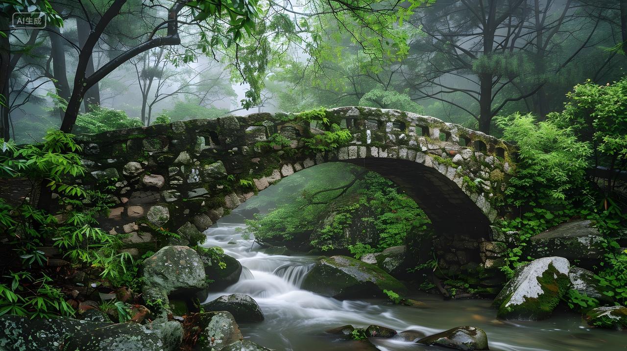 古桥流水青翠自然景观壁纸