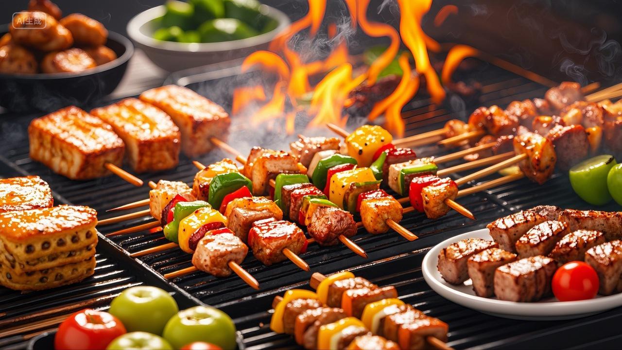 夏季美食烧烤烤肉烤串户外烧烤美食背景