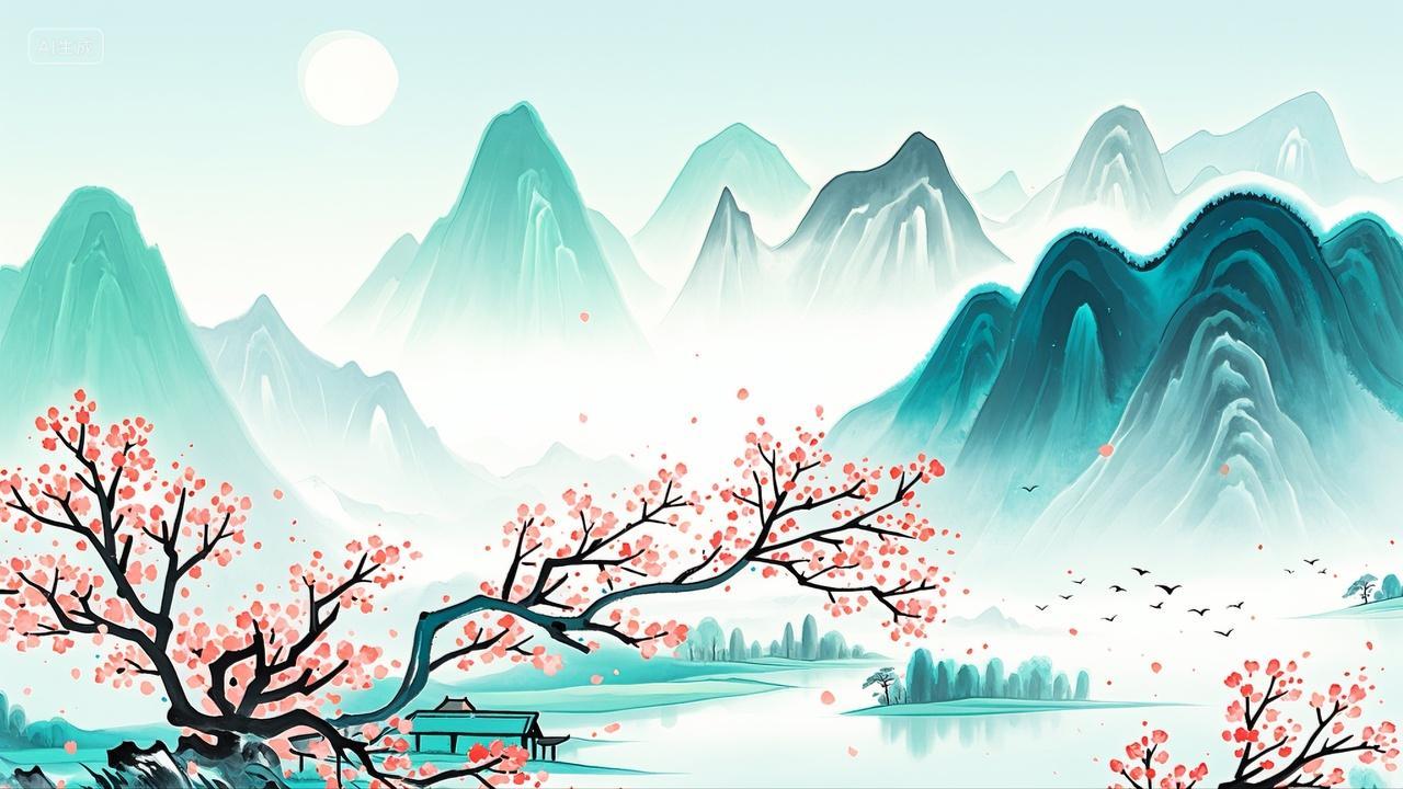 中国风古风山水桃花水墨画背景素材