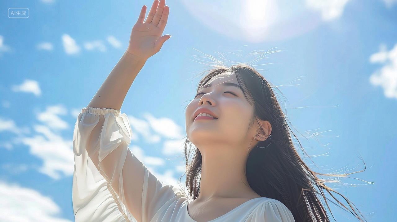 一个女孩在天空下一手遮太阳防晒