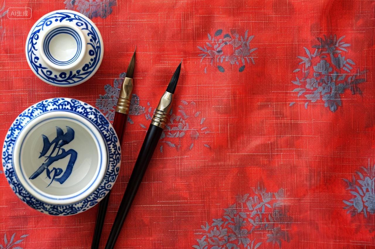 中国传统文化素材红桌布与文房四宝