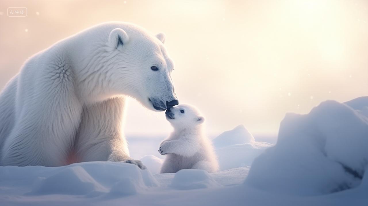 北极冰原上的北极熊和幼熊动物