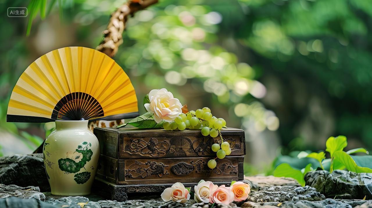 户外石块上摆着一个花瓶扇子葡萄箱子