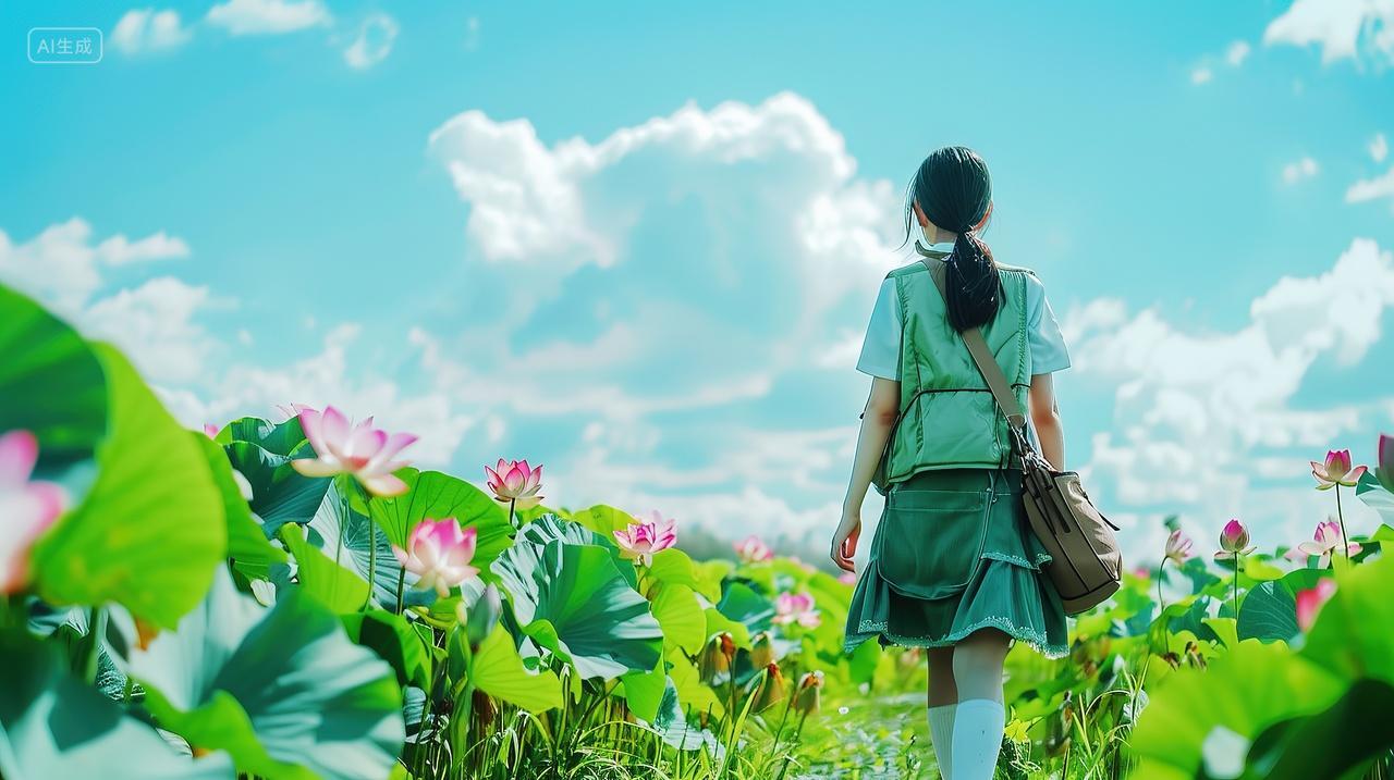 一个女孩走在荷塘边上夏天背景