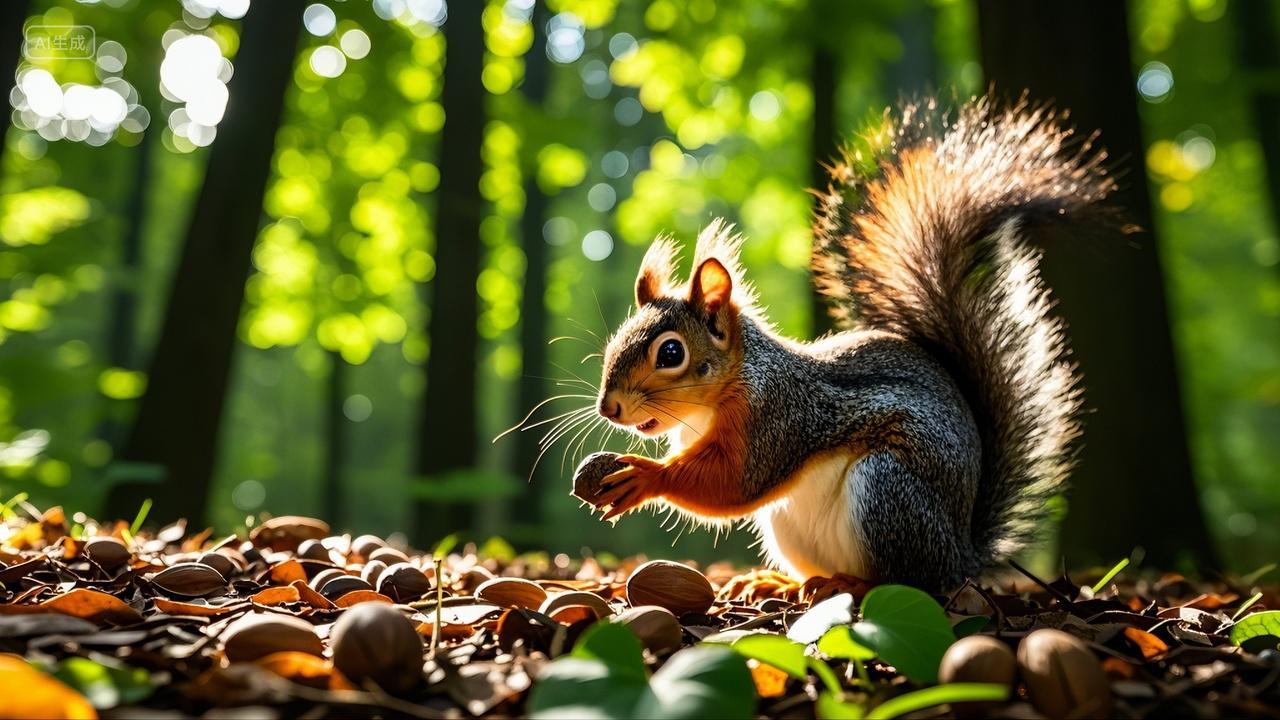 树林里的小松鼠收集坚果风景壁纸