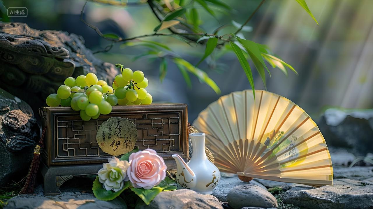 户外石头上放着葡萄扇子箱子夏天背景