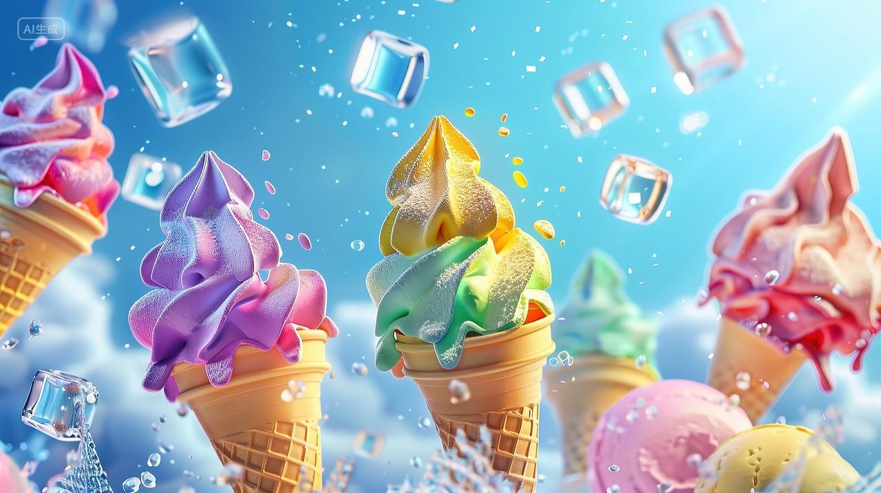 几个冰淇淋在冰块上夏天背景