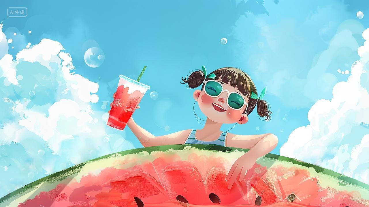 一个卡通小女孩趴在西瓜上喝西瓜汁夏天背景