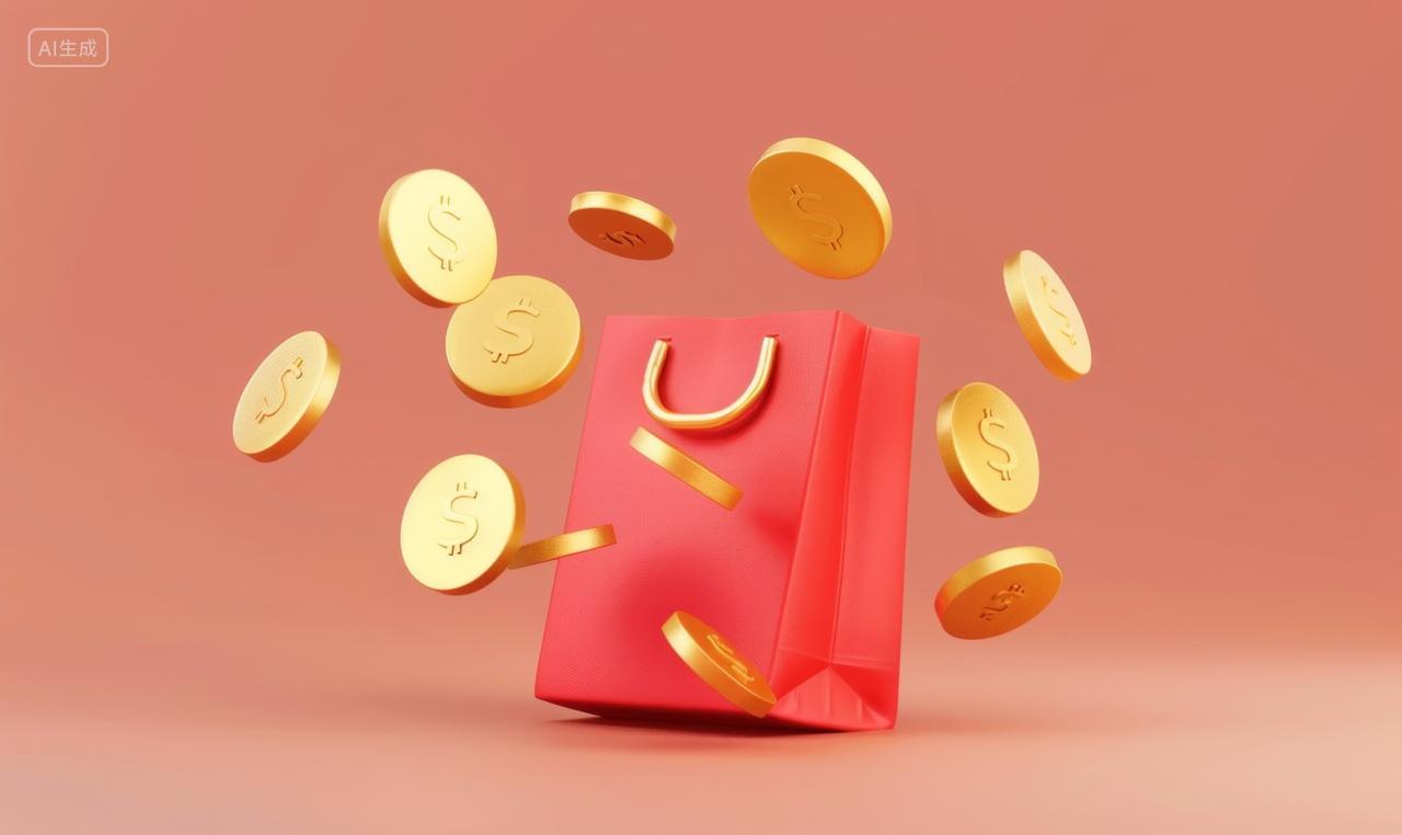 3d金融概念插图红色购物袋的漂浮的金币