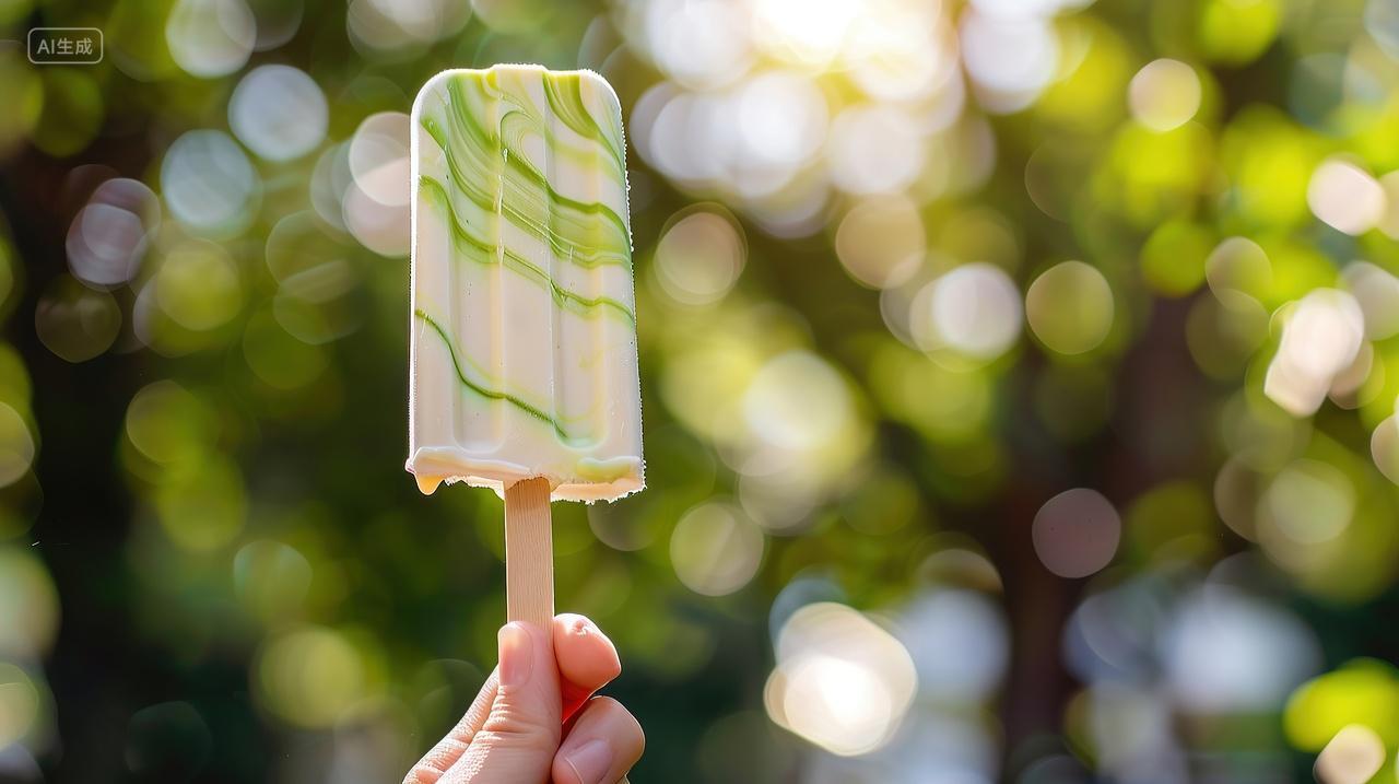 手拿着雪糕举在空中夏天背景
