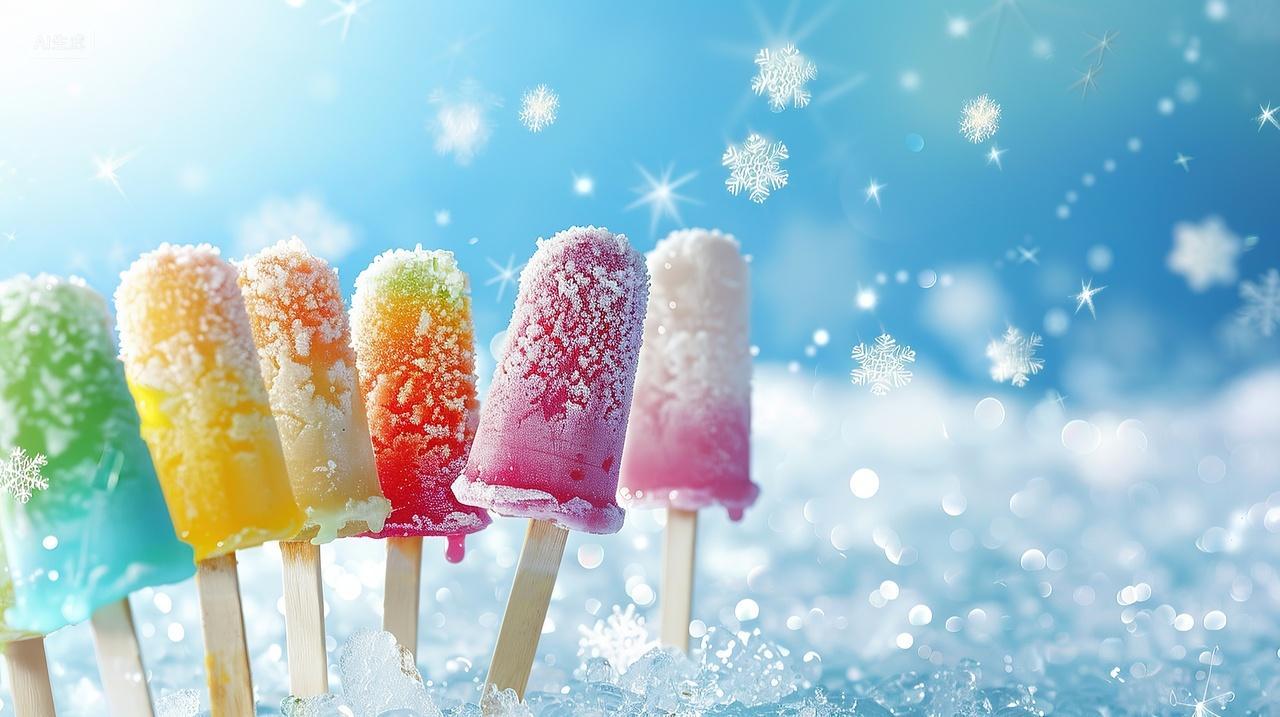 一排雪糕插在冰块上夏天背景