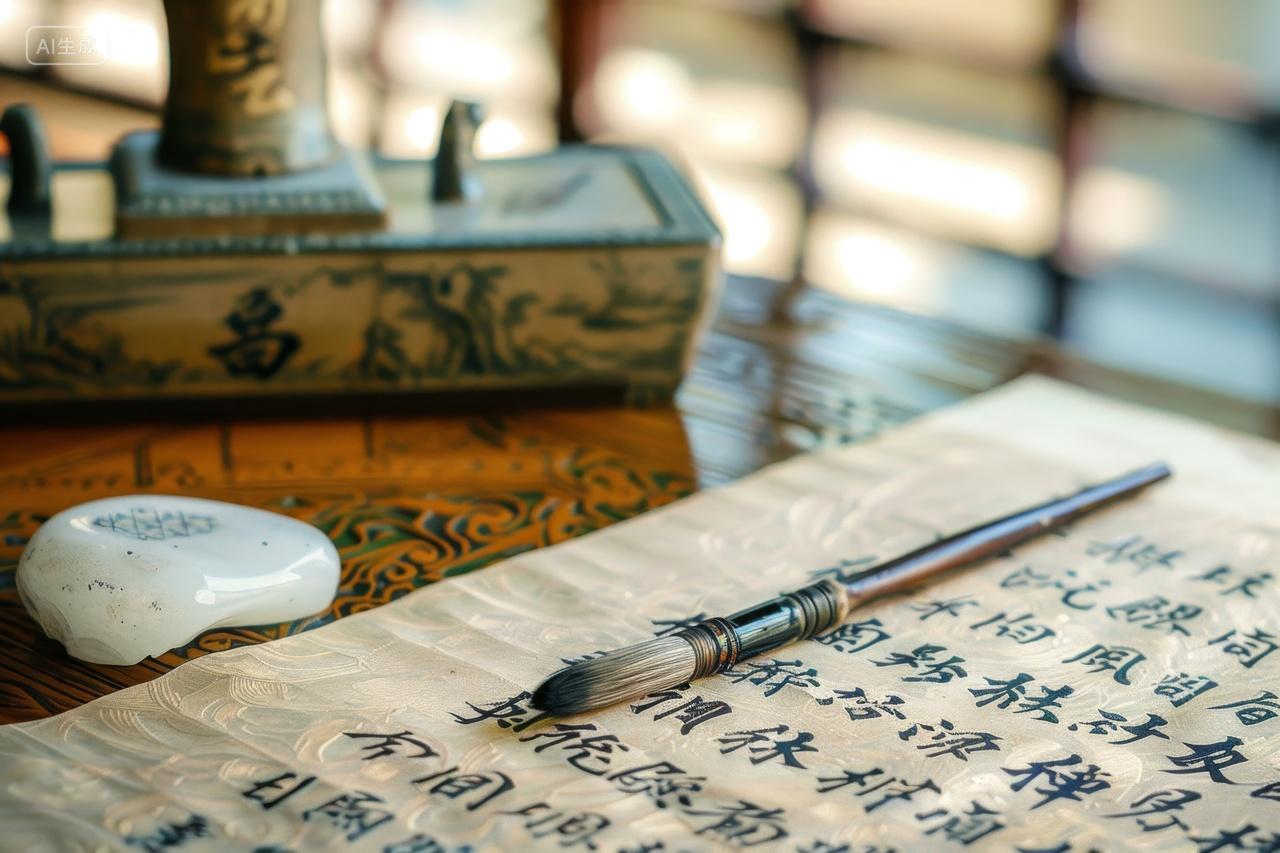 古典书桌上的毛笔和墨砚