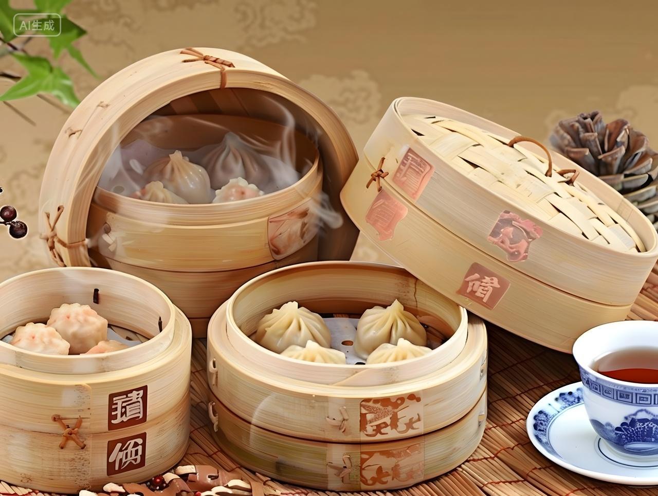 餐饮美食广式实拍风早茶好几笼蒸饺早点食物图片