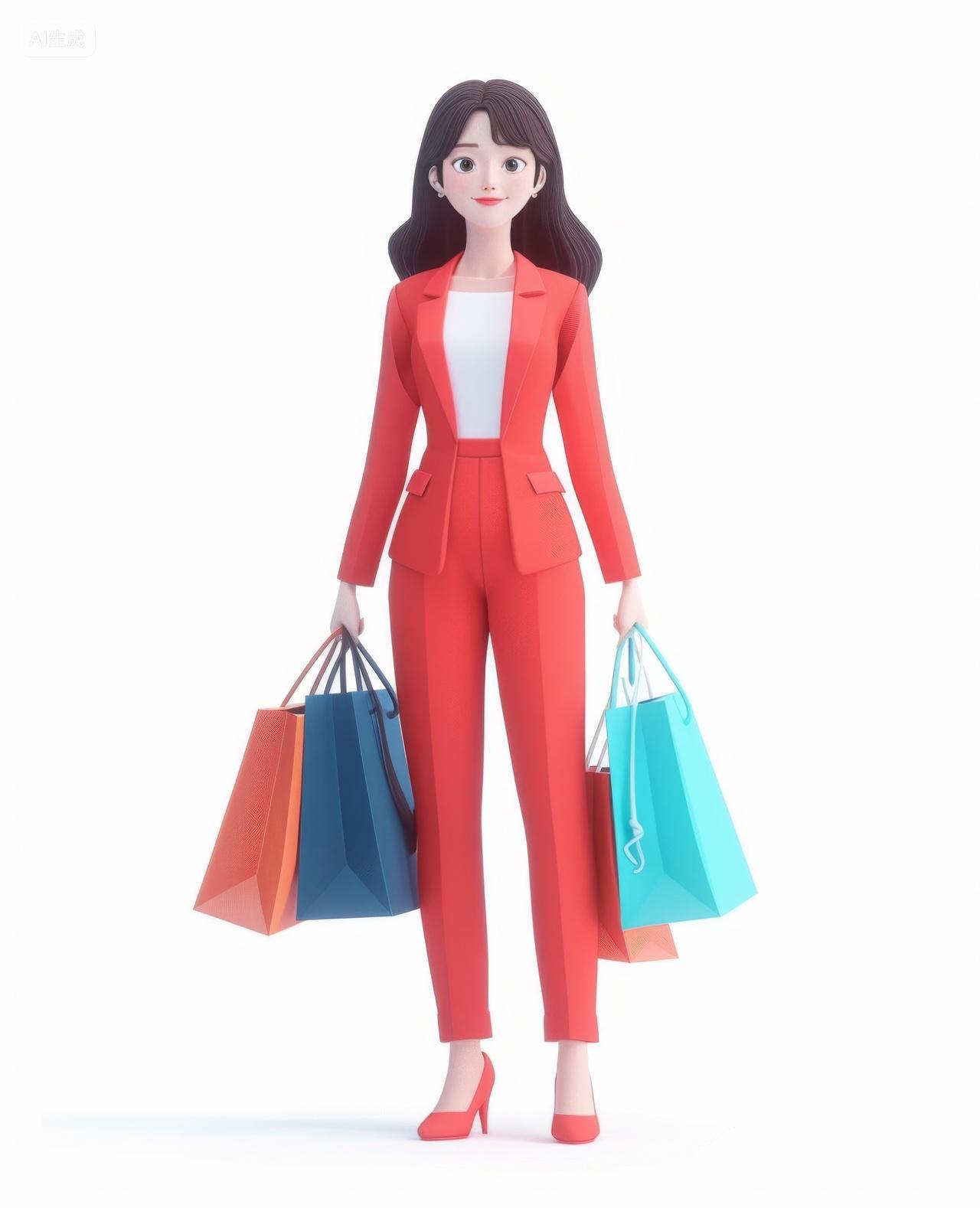 拿着购物袋穿着红色衣服的女人