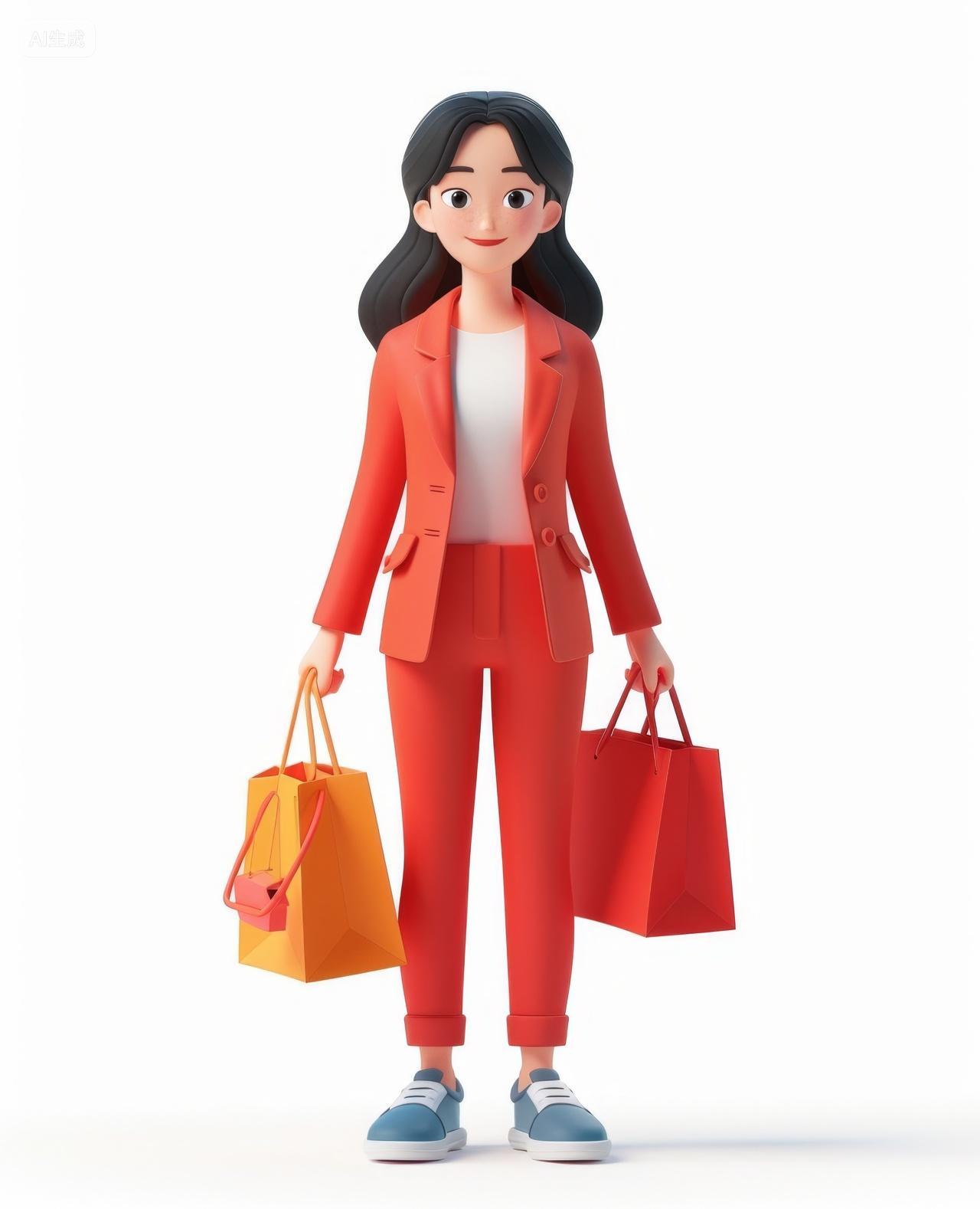 拿着购物袋穿着红色衣服的女人