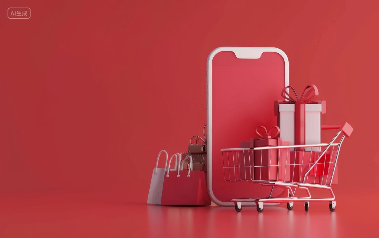 3D电商概念插图手机上下单和购物车