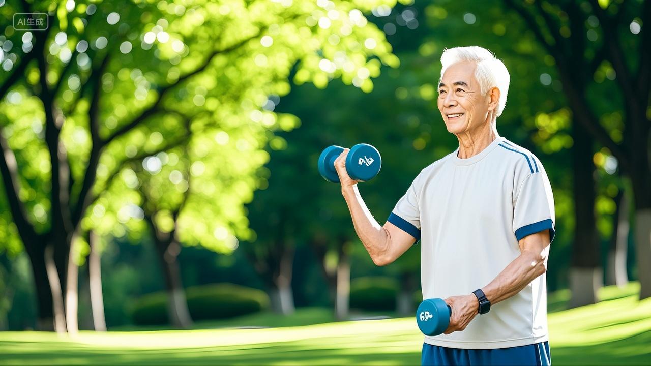 老年人在公园晨练哑铃运动健康