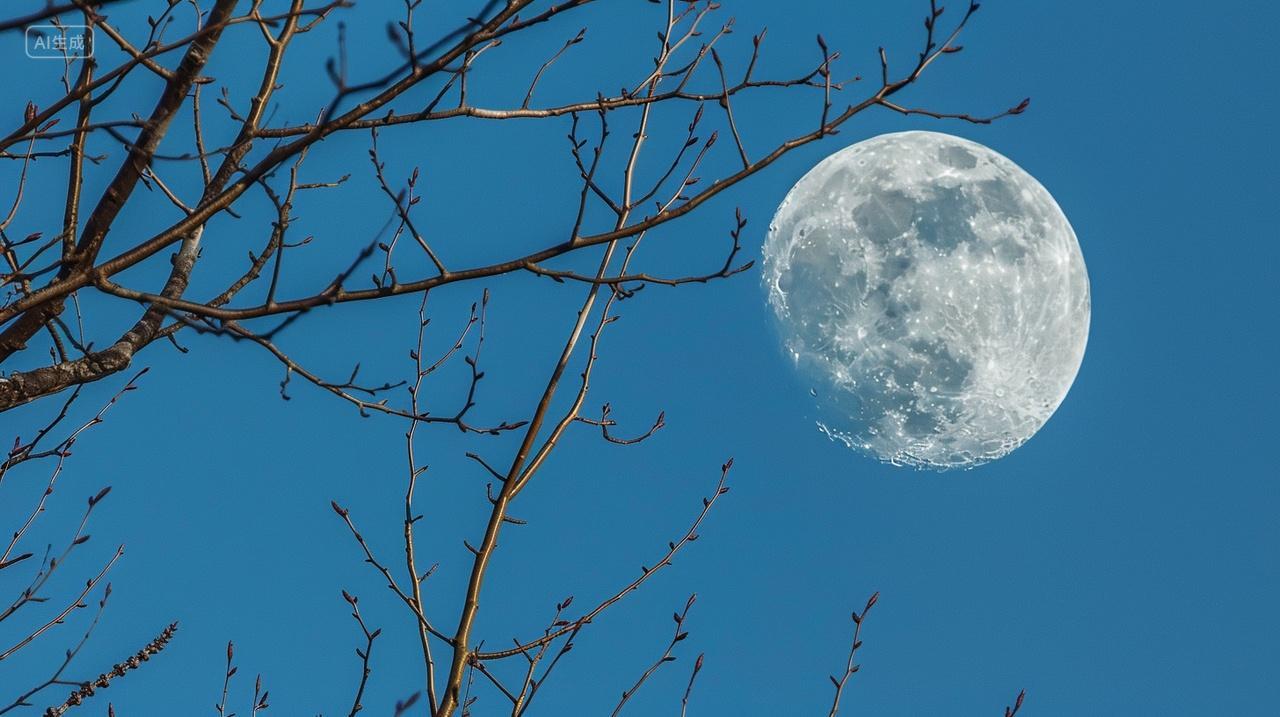 月亮和树枝风景图